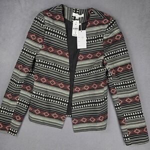 Faith In‎ Love Jacket Womens 10 Black Aztec Pattern Open Front Collarless Lined